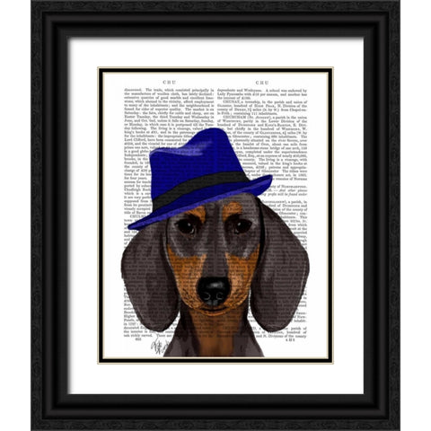 Dachshund With Blue Trilby Black Ornate Wood Framed Art Print with Double Matting by Fab Funky