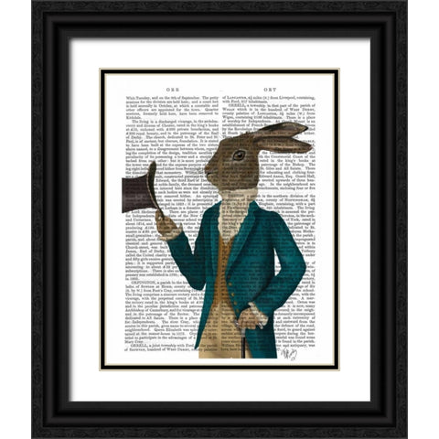 Hare In Turquoise Coat Black Ornate Wood Framed Art Print with Double Matting by Fab Funky