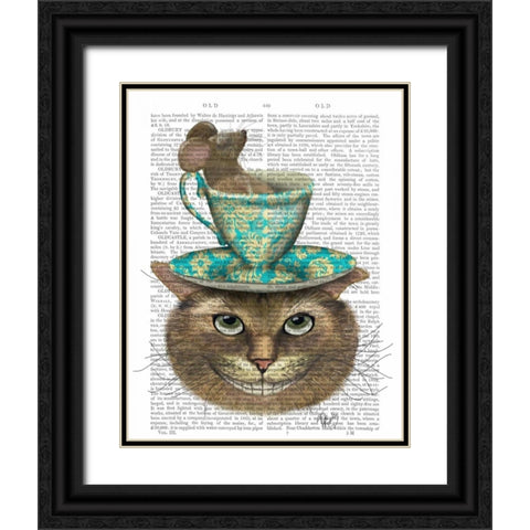 Cheshire Cat with Cup on Head Black Ornate Wood Framed Art Print with Double Matting by Fab Funky