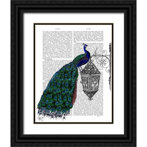 Peacock On Lamp Black Ornate Wood Framed Art Print with Double Matting by Fab Funky