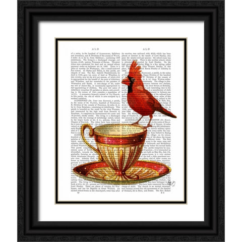 Teacup And Red Cardinal Black Ornate Wood Framed Art Print with Double Matting by Fab Funky