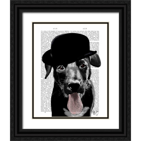 Black Labrador in Bowler Hat Black Ornate Wood Framed Art Print with Double Matting by Fab Funky
