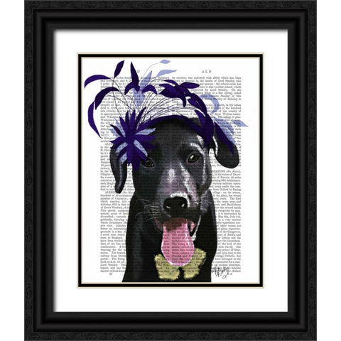 Black Labrador With Blue Fascinator Black Ornate Wood Framed Art Print with Double Matting by Fab Funky