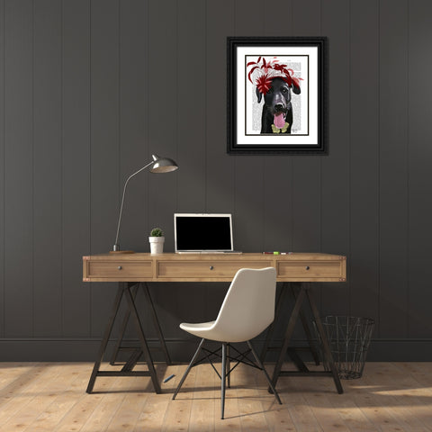 Black Labrador With Red Fascinator Black Ornate Wood Framed Art Print with Double Matting by Fab Funky