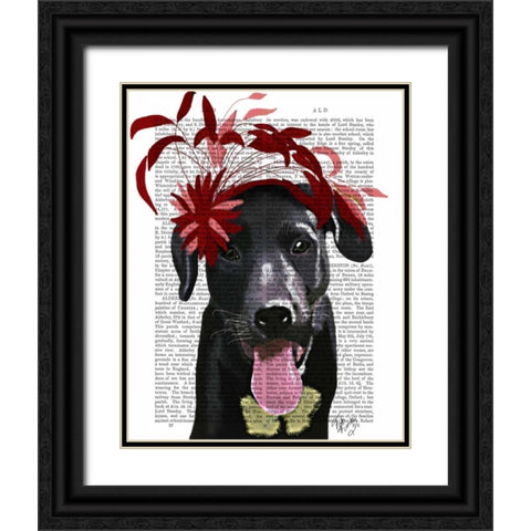 Black Labrador With Red Fascinator Black Ornate Wood Framed Art Print with Double Matting by Fab Funky