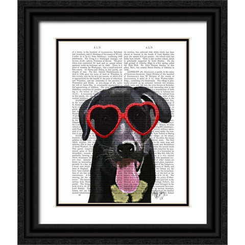 Black Labrador With Heart Sunglasses Black Ornate Wood Framed Art Print with Double Matting by Fab Funky