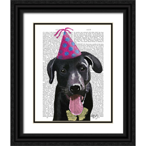 Black Labrador With Party Hat Black Ornate Wood Framed Art Print with Double Matting by Fab Funky