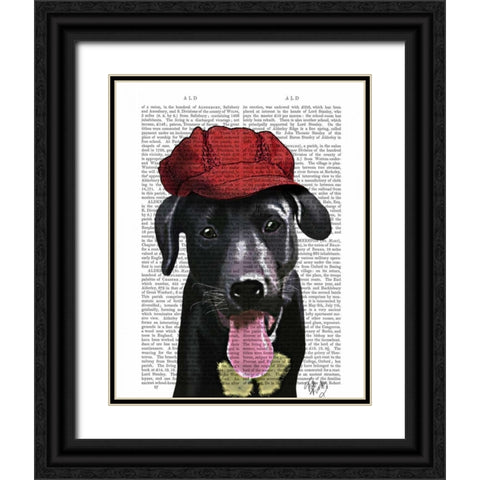 Black Labrador With Red Cap Black Ornate Wood Framed Art Print with Double Matting by Fab Funky
