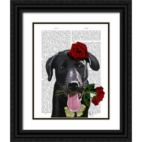 Black Labrador with Roses Black Ornate Wood Framed Art Print with Double Matting by Fab Funky