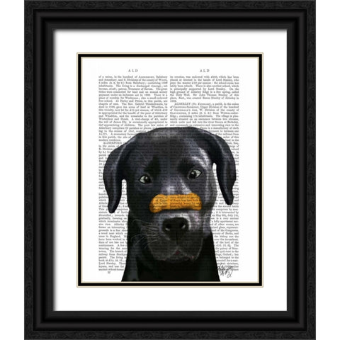 Black Labrador With Bone on Nose Black Ornate Wood Framed Art Print with Double Matting by Fab Funky