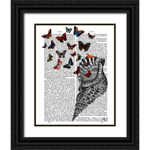 Conch Shell and Butterflies Black Ornate Wood Framed Art Print with Double Matting by Fab Funky