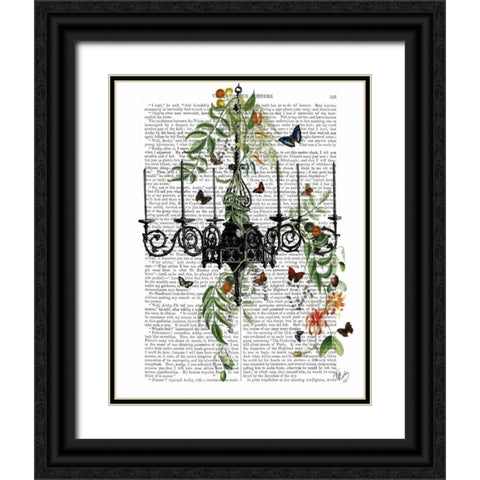 Chandelier With Vines and Butterflies Black Ornate Wood Framed Art Print with Double Matting by Fab Funky