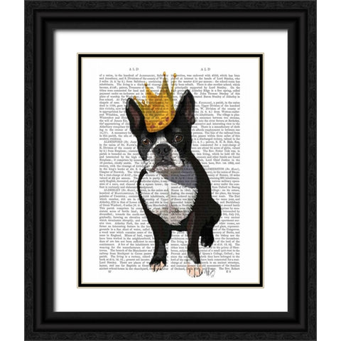 Boston Terrier And Crown Black Ornate Wood Framed Art Print with Double Matting by Fab Funky