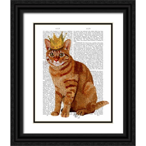 Ginger Cat with Crown Full Black Ornate Wood Framed Art Print with Double Matting by Fab Funky