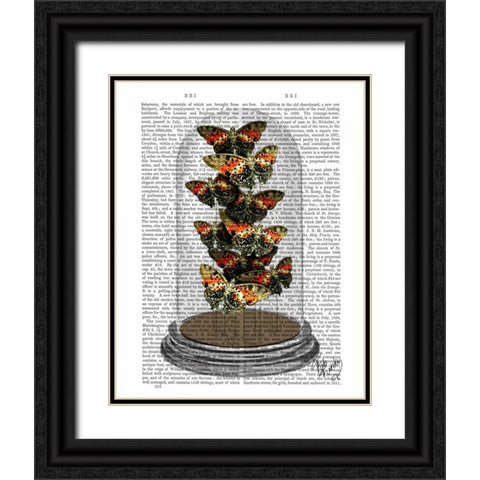 Multicoloured Butterflies in Bell Jar Black Ornate Wood Framed Art Print with Double Matting by Fab Funky