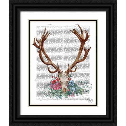 Deer Skull With Flowers 1 Black Ornate Wood Framed Art Print with Double Matting by Fab Funky