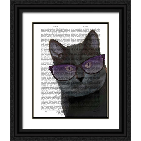 Black Cat with Sunglasses Black Ornate Wood Framed Art Print with Double Matting by Fab Funky