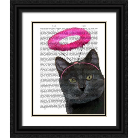 Black Cat With Pink Angel Halo Black Ornate Wood Framed Art Print with Double Matting by Fab Funky