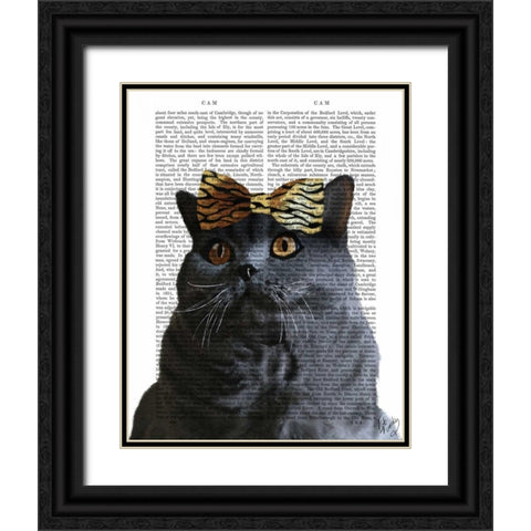 Grey Cat with Leopard Bow Black Ornate Wood Framed Art Print with Double Matting by Fab Funky