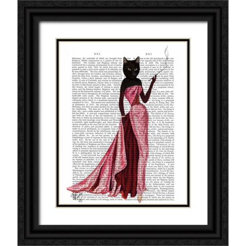 Glamour Cat in Pink Black Ornate Wood Framed Art Print with Double Matting by Fab Funky