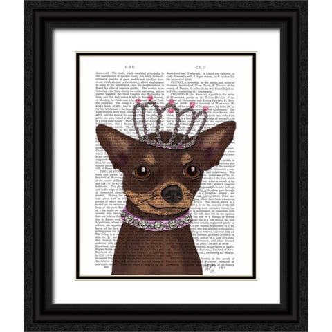Brown Chihuahua And Tiara Black Ornate Wood Framed Art Print with Double Matting by Fab Funky