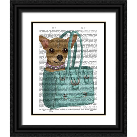 Chihuahua In Bag Black Ornate Wood Framed Art Print with Double Matting by Fab Funky