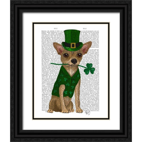Chihuahua Leprechaun Black Ornate Wood Framed Art Print with Double Matting by Fab Funky