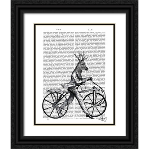 Dandy Deer on Vintage Bicycle Black Ornate Wood Framed Art Print with Double Matting by Fab Funky