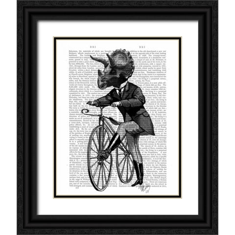 Triceratops Man on Bike Dinosaur Black Ornate Wood Framed Art Print with Double Matting by Fab Funky