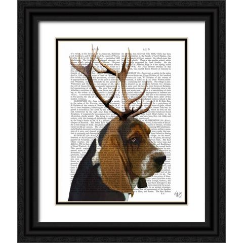 Basset Hound and Antlers Black Ornate Wood Framed Art Print with Double Matting by Fab Funky
