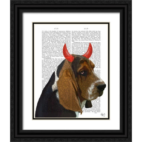 Basset Hound and Devil Horns Black Ornate Wood Framed Art Print with Double Matting by Fab Funky