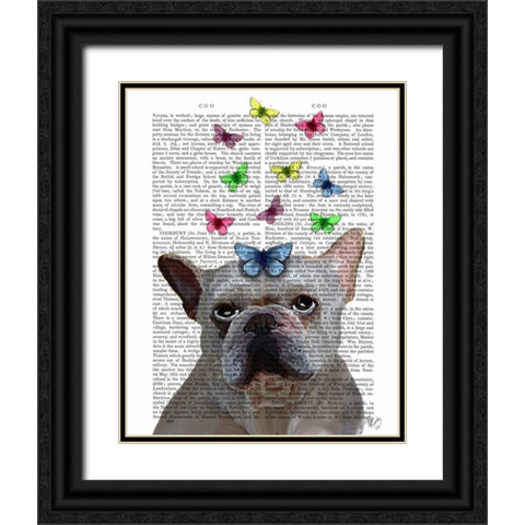 White French Bulldog and Butterflies Black Ornate Wood Framed Art Print with Double Matting by Fab Funky