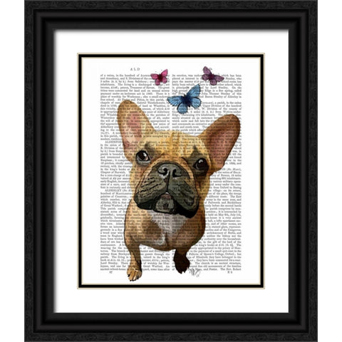 Brown French Bulldog and Butterflies Black Ornate Wood Framed Art Print with Double Matting by Fab Funky