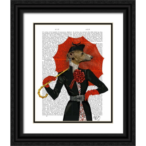 Elegant Greyhound and Red Umbrella Black Ornate Wood Framed Art Print with Double Matting by Fab Funky