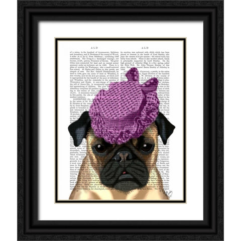 Pug with Vintage Purple Hat Black Ornate Wood Framed Art Print with Double Matting by Fab Funky