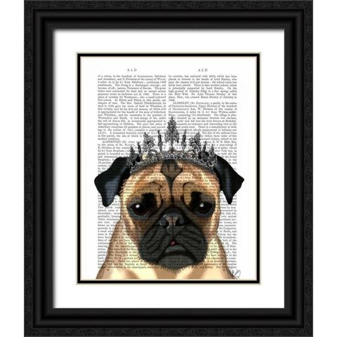 Pug With Tiara Black Ornate Wood Framed Art Print with Double Matting by Fab Funky