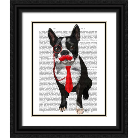 Boston Terrier With Red Tie and Moustache Black Ornate Wood Framed Art Print with Double Matting by Fab Funky