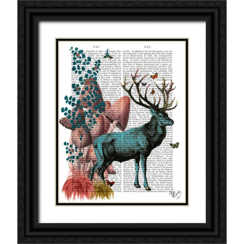 Turquoise Deer in Mushroom Forest Black Ornate Wood Framed Art Print with Double Matting by Fab Funky