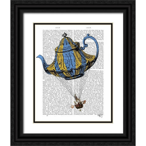 Flying Teapot 3 Blue and Yellow Black Ornate Wood Framed Art Print with Double Matting by Fab Funky