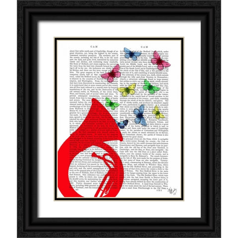 Tuba with Butterflies Black Ornate Wood Framed Art Print with Double Matting by Fab Funky