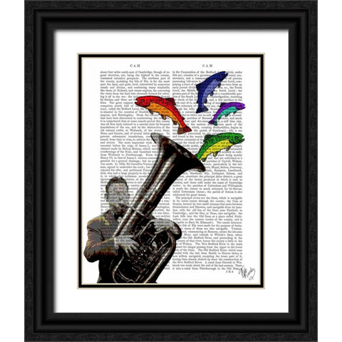 Tuba And Fish Black Ornate Wood Framed Art Print with Double Matting by Fab Funky
