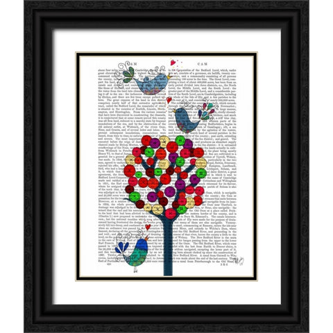 Button Tree and Birds Blue Black Ornate Wood Framed Art Print with Double Matting by Fab Funky