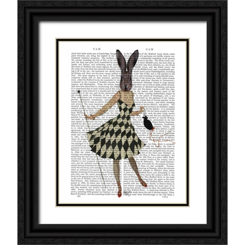 Rabbit in Black White Dress Black Ornate Wood Framed Art Print with Double Matting by Fab Funky