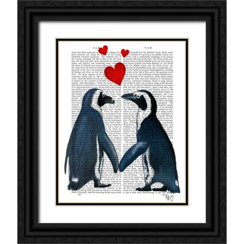 Penguins With Love Hearts Black Ornate Wood Framed Art Print with Double Matting by Fab Funky