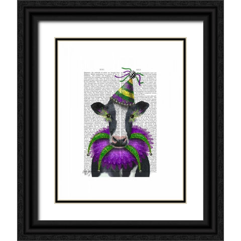 Mardi Gras Cow Black Ornate Wood Framed Art Print with Double Matting by Fab Funky