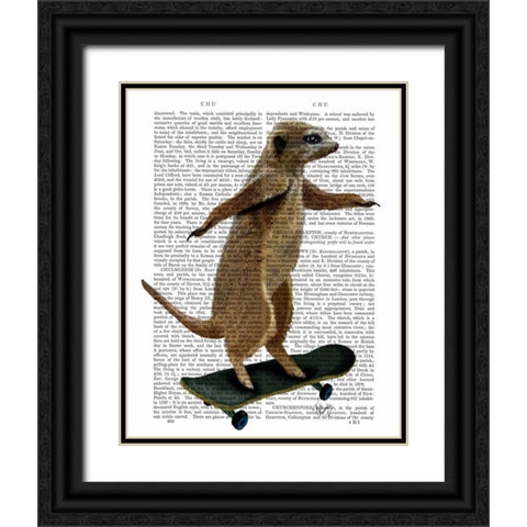 Meerkat On Skateboard Black Ornate Wood Framed Art Print with Double Matting by Fab Funky
