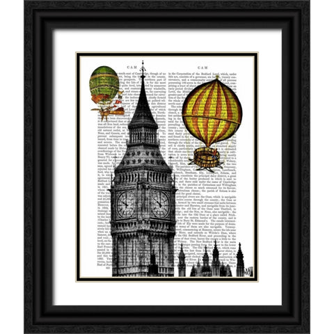 Big Ben and Vintage Hot Air Balloons Black Ornate Wood Framed Art Print with Double Matting by Fab Funky
