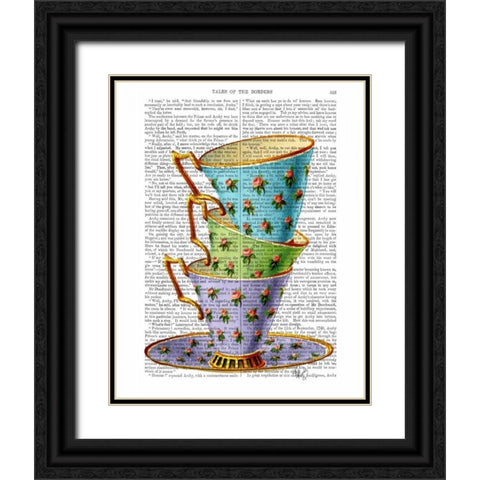 Stack Of Three Vintage Teacups Black Ornate Wood Framed Art Print with Double Matting by Fab Funky