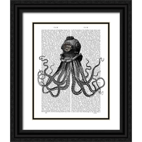 Octopus and Diving Helmet Black Ornate Wood Framed Art Print with Double Matting by Fab Funky