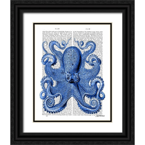 Vintage Blue Octopus 1  Front Black Ornate Wood Framed Art Print with Double Matting by Fab Funky